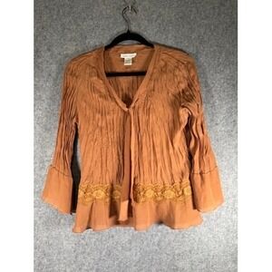 Michele Michelle Womens Top S Brown Crinkle Tie Front Bell Sleeve‎ Lace Trim VTG